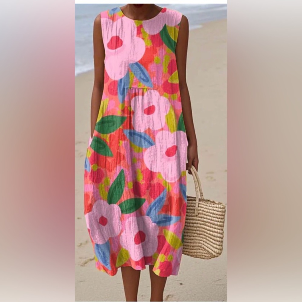 Vibrant Floral Sleeveless Maxi Dress - Pink, Coral & Green